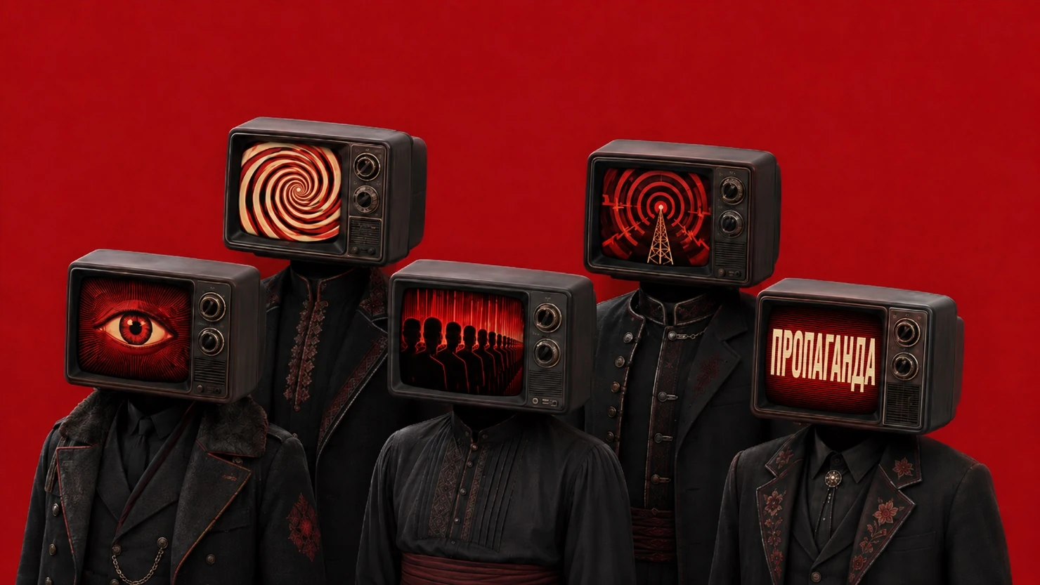 Five figures in dark Balkan folk dress against a red field, vintage television sets in place of their heads, the screens glowing with spirals, an eye, a broadcast tower, and the word propaganda in Cyrillic.